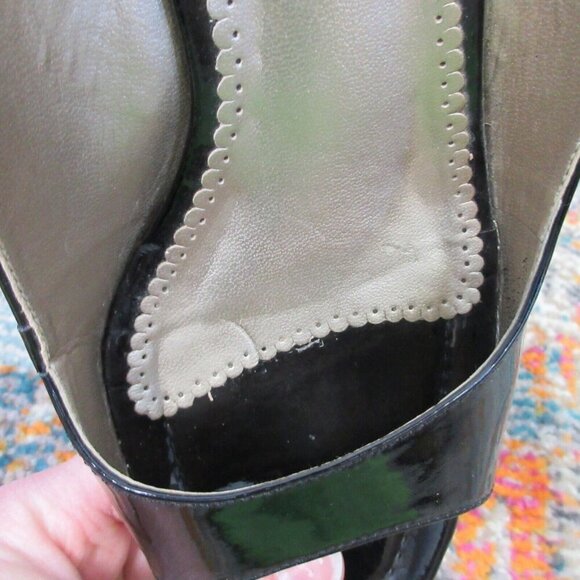 Franco Sarto Square-Toe Wood Heel Sandals Women 7.5 Black Patent Leather y2k 332 - Picture 5 of 12